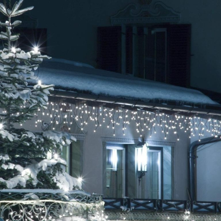 Instalatie Craciun Turturi, IP44, 5 m, 143 Led-uri ,Perdea Franjurata, Alb rece, 8 jocuri de lumini, Transformator 31 V, Putere 9 W, Interconectabila, Interior/Exterior, Prelungitor 5 m inclus, Fir Tr [2]