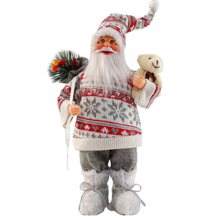 Decoratiuni Craciun - Figurina Decorativa Craciun, OEM, Mos Craciun cu Flori si Urs, 30 x 17 x 10 cm, Material Plastic+Textil, Interior/Exterior, Rosu/Gri