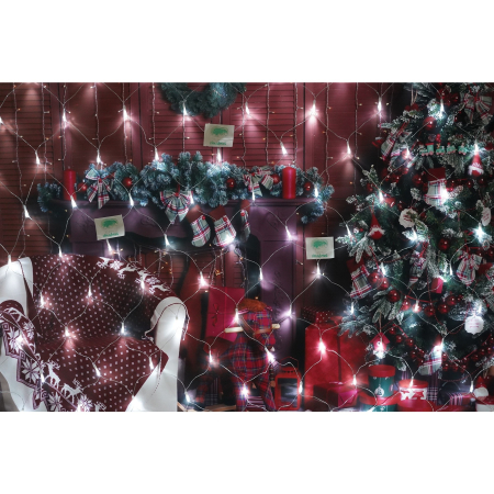Sectiune Instalatie de Craciun OEM, Tip Plasa, 120 LED-uri, 1.5 x 1.5 m, 8 jocuri de lumini, Interconectabila, Fir transparent, Alb rece [1]