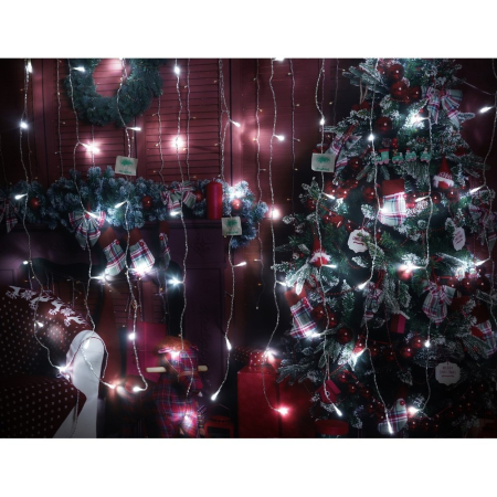 Instalatie Craciun, Tip Perdea, IP44, 6 m x 1 m, 360 LED-uri, Alb rece, 8 jocuri de lumini, Transformator, Interconectabila, Prelungitor 5 m inclus, Fir transparent, Interior/ Exterior, OEM [9]