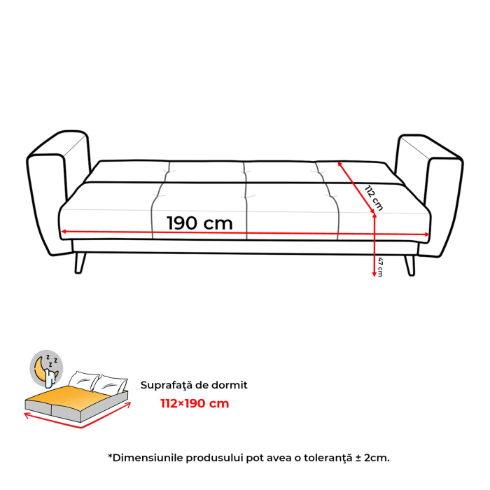 Canapea extensibila SIE230, 3 locuri, cu arcuri si lada depozitare, gri, 230x87x92 cm [7]