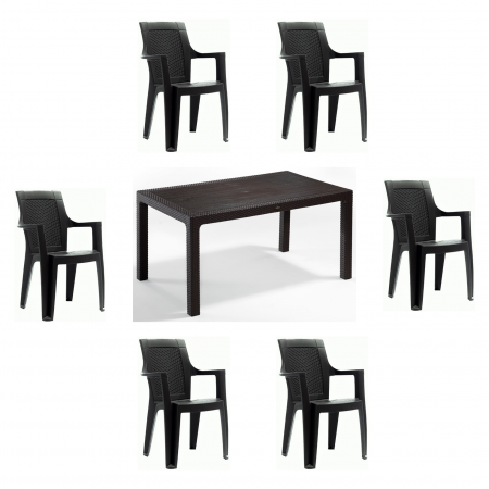 Seturi Masa si Scaune Gradina - Set gradina cu masa CLASSI 90x150 cm + 6 scaune ELEGANCE 62x57x88 cm, model ratan, maro - ExpoMob