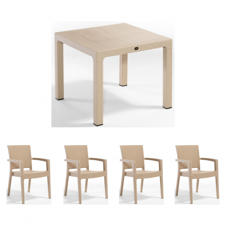 Seturi Masa si Scaune Gradina - Set gradina cu masa CLASSI 90x90 cm + 4 scaune PARIS 62x58x88 cm, model ratan, cappuccino - ExpoMob