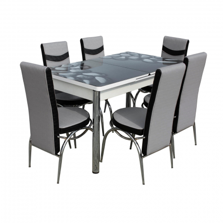 Set Lara, masa extensibila cu 6 scaune, negru + gri, 130/165x80x79 cm