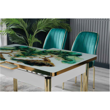 Mese si Scaune - Set LION GOLD, masa extensibila cu 6 scaune, dreptunghiulara, alb print verde + auriu + verde, 130/170x80x75 cm