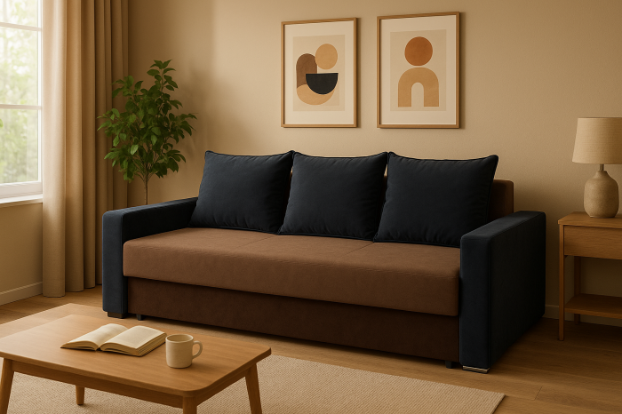 Canapea ELIZA extensibilă 3 locuri, cu ladă depozitare, tapițată în catifea maro cappuccino cu negru, dimensiuni 220x95x80 cm [3]