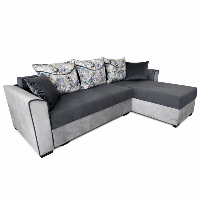 Coltar Lori, 4 locuri, cu 2 lazi de depozitare, catifea, 260x95x80 cm, culoare gri inchis cu gri deschis [4]