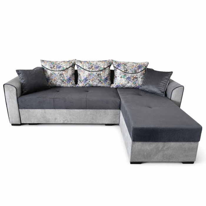 Coltar Lori, 4 locuri, cu 2 lazi de depozitare, catifea, 260x95x80 cm, culoare gri inchis cu gri deschis [2]