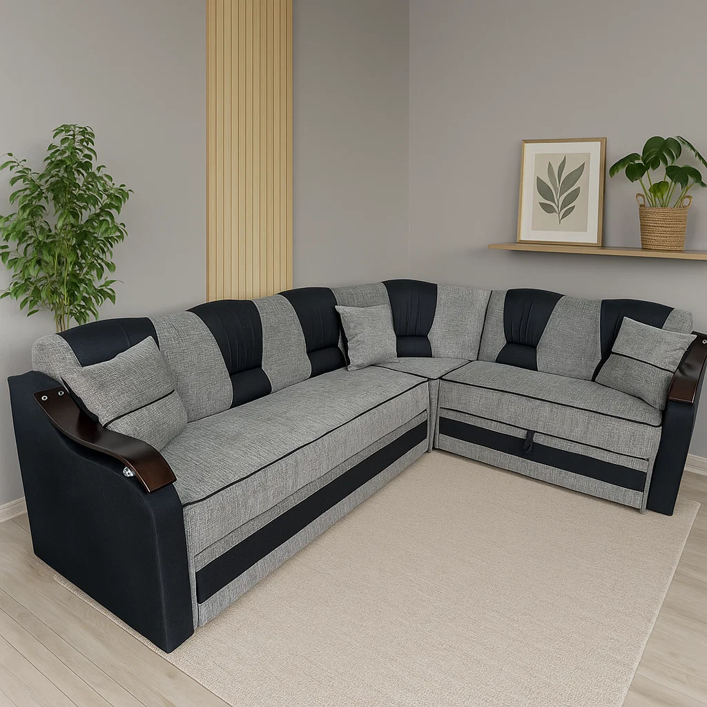 Coltar VALAHIA extensibil, lada de depozitare, stofa gri + negru, 270x220x90 [2]