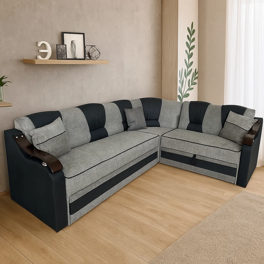 Coltar VALAHIA extensibil, lada de depozitare, stofa gri + negru, 270x220x90 [6]