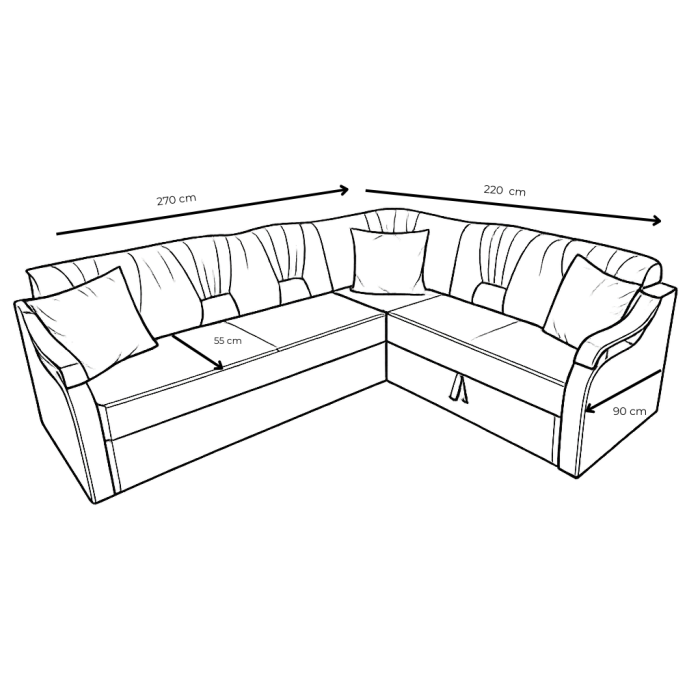 Coltar VALAHIA extensibil, lada de depozitare, stofa gri + negru, 270x220x90 [4]