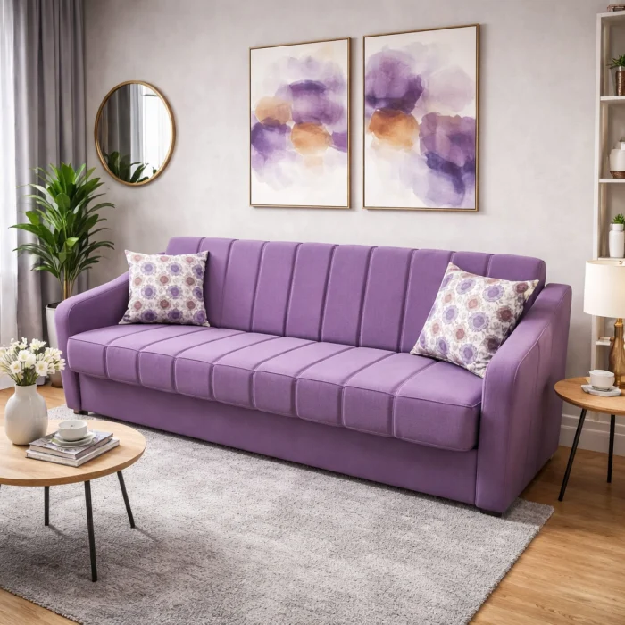 Canapele - Canapea ALEX extensibila, 3 locuri, cu lada de depozitare, stofa mov, 220x90x90