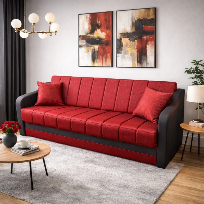 Canapele - Canapea ALEX extensibila, 3 locuri, cu lada de depozitare, stofa mov, 220x90x90