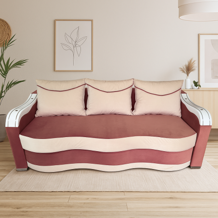 Canapele - Canapea DIANA extensibila, 3 locuri, cu lada de depozitare, catifea crem cu roz, 220x100x85