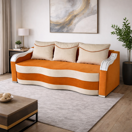 Canapele - Canapea DIANA extensibila, 3 locuri, cu lada de depozitare, catifea crem cu roz, 220x100x85