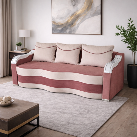 Canapele - Canapea DIANA extensibila, 3 locuri, cu lada de depozitare, catifea crem cu roz, 220x100x85