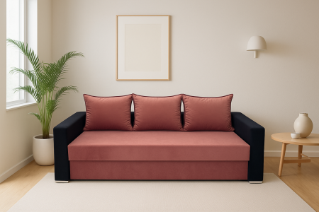 Canapea ELIZA extensibilă 3 locuri, cu ladă depozitare, tapițată în catifea maro cappuccino cu negru, dimensiuni 220x95x80 cm [1]