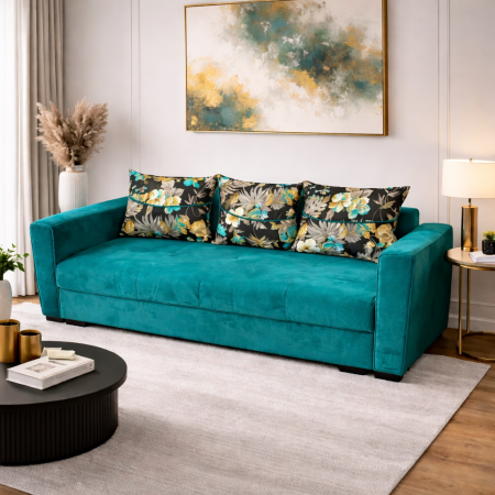 Canapele - Canapea LILI extensibila, 3 locuri, cu lada de depozitare, catifea verde padure , 220x95x80