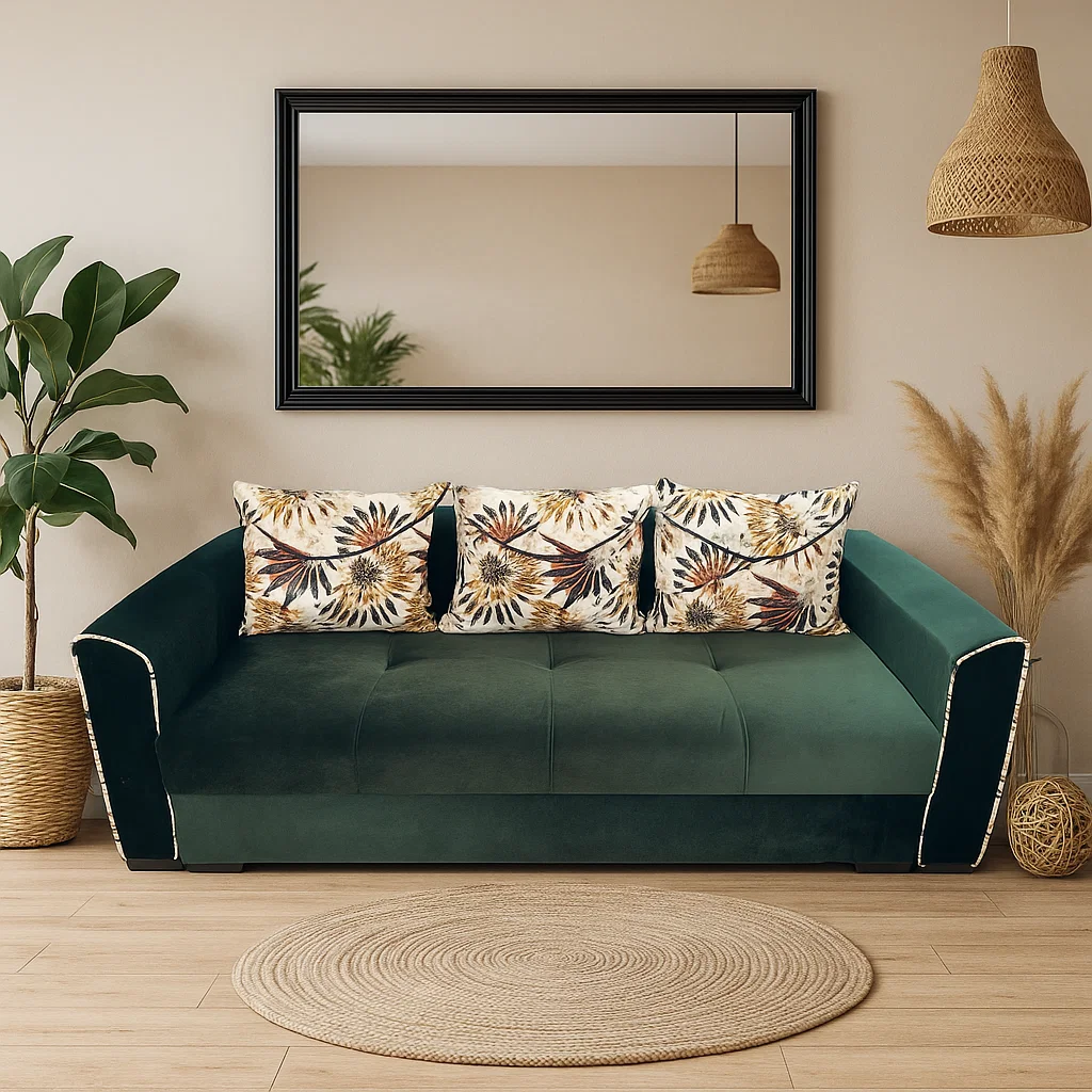 Canapea LILI extensibila, 3 locuri, cu lada de depozitare, catifea verde padure , 220x95x80 [3]