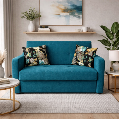 Canapele - Canapea SAMY extensibila, 2 locuri, cu lada de depozitare, stofa albastru, 152x100x92