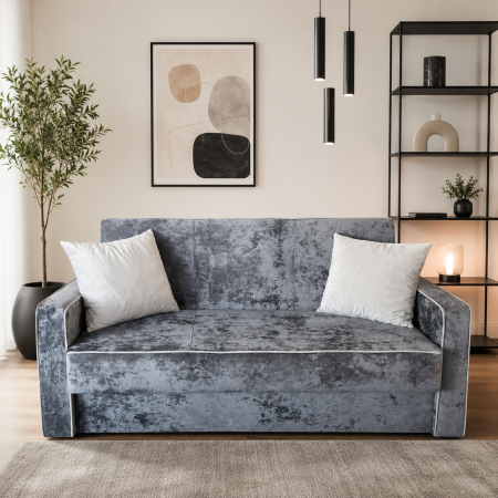 Canapele - Canapea SAMY GRANDE extensibila, 2 locuri, cu lada de depozitare, catifea plusata gri , cadru metalic , 170x100x92 cm