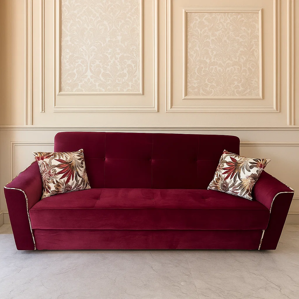 Canapea VERA extensibila, 3 locuri, lada de depozitare, stofa rosu bordo, 225x90x90 [1]