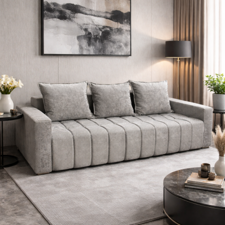 Canapele - Canapea ZARA extensibila, 3 locuri, cu lada de depozitare, stofa gri lila , 220x95x80