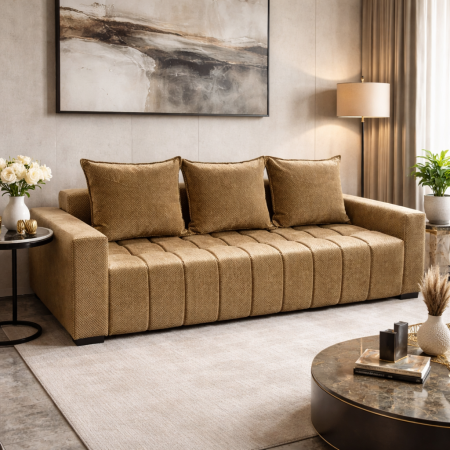 Canapele - Canapea ZARA extensibila, 3 locuri, cu lada de depozitare, stofa bej auriu , 220x95x80