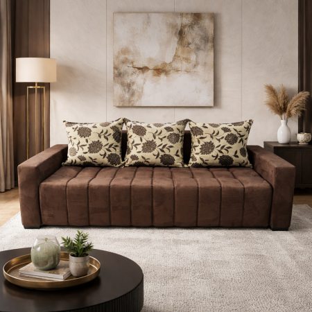 Canapele - Canapea ZARA extensibila, 3 locuri, cu lada de depozitare, stofa suede maro si bej , 220x95x80