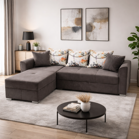 Coltare - Coltar Lori, 4 locuri, cu 2 lazi de depozitare, catifea, 260x95x80 cm, culoare maro