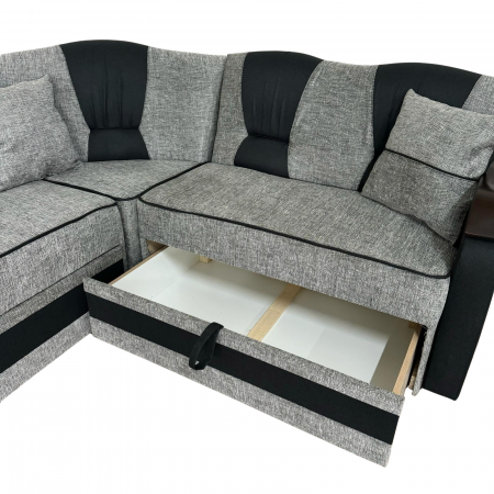 Coltar VALAHIA extensibil, lada de depozitare, stofa gri + negru, 270x220x90 [4]
