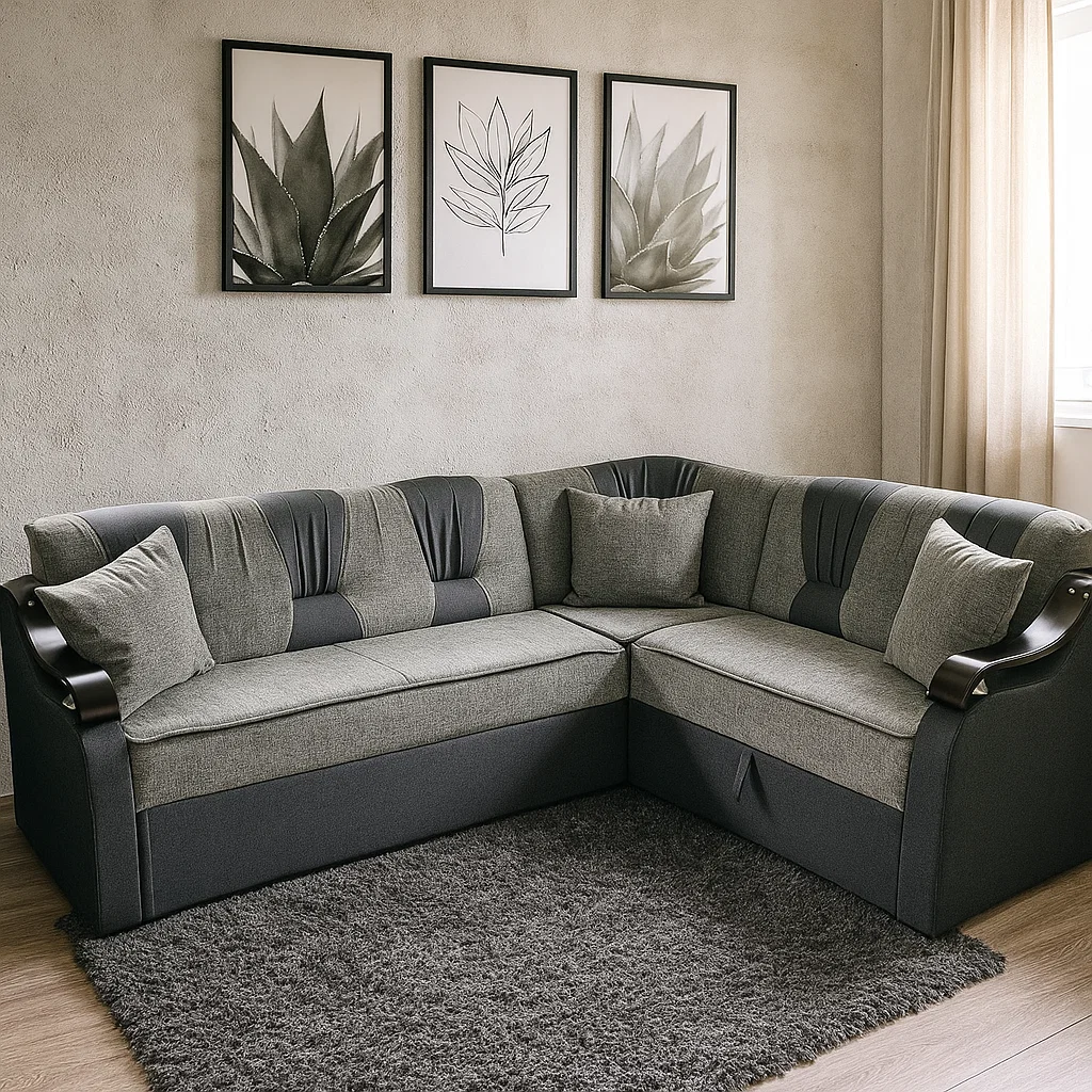 Coltar VALAHIA extensibil, lada de depozitare, stofa gri + negru, 270x220x90 [1]