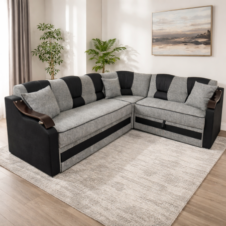 Coltare - Coltar VALAHIA extensibil, lada de depozitare, stofa gri + negru, 270x220x90