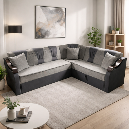 Coltare - Coltar VALAHIA extensibil, lada de depozitare, stofa gri + negru, 270x220x90