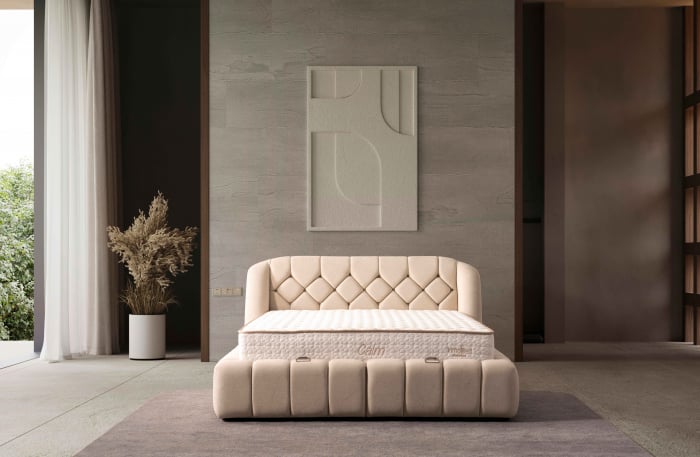 Pat tapitat Calm cadru metalic cu somiera rabatabila si lada depozitare [3]