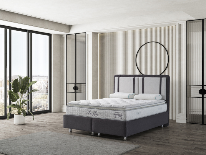 Pat tapitat Puffy cadru metalic cu somiera rabatabila si lada depozitare [2]