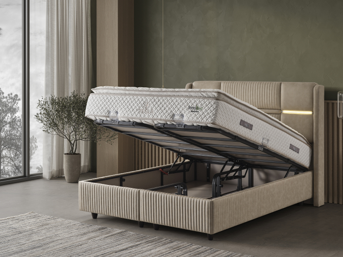 Pat tapitat Tesla, cadru metalic cu somiera rabatabila si lada depozitare [8]