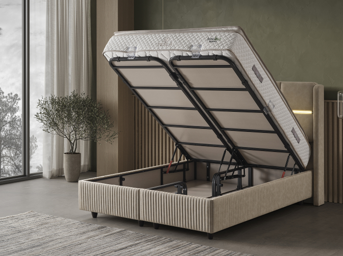 Pat tapitat Tesla, cadru metalic cu somiera rabatabila si lada depozitare [7]