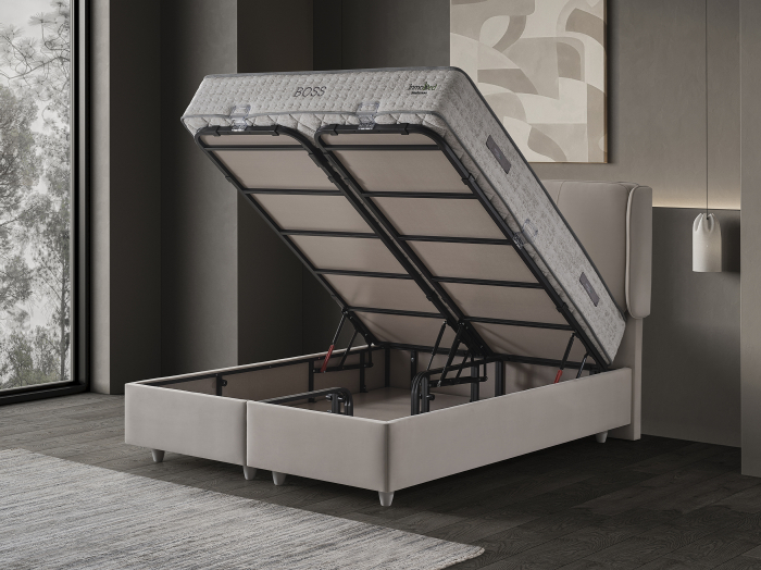 Pat tapitat Boss, cadru metalic cu somiera rabatabila si lada depozitare [8]