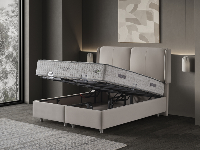 Pat tapitat Boss, cadru metalic cu somiera rabatabila si lada depozitare [9]