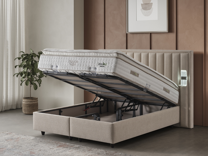 Pat tapitat Touch, cadru metalic cu somiera rabatabila si lada depozitare [9]