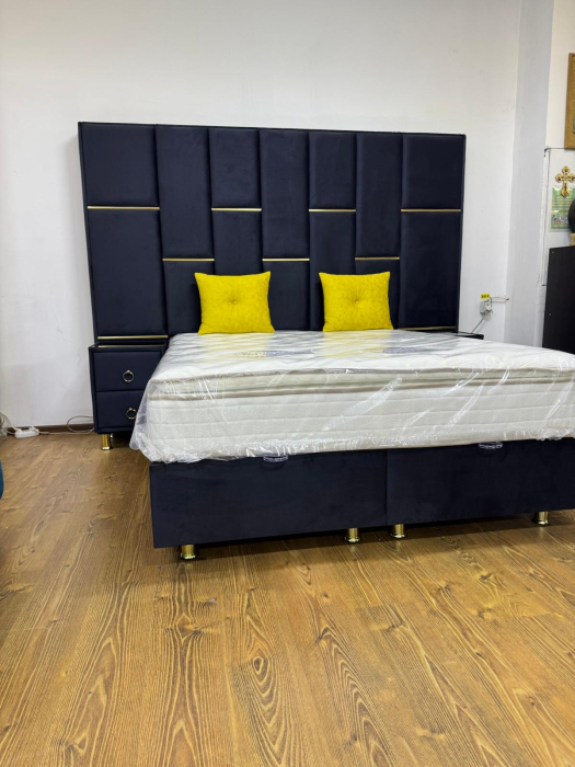 Pat tapitat Klass King, cadru metalic cu somiera rabatabila si lada depozitare [3]