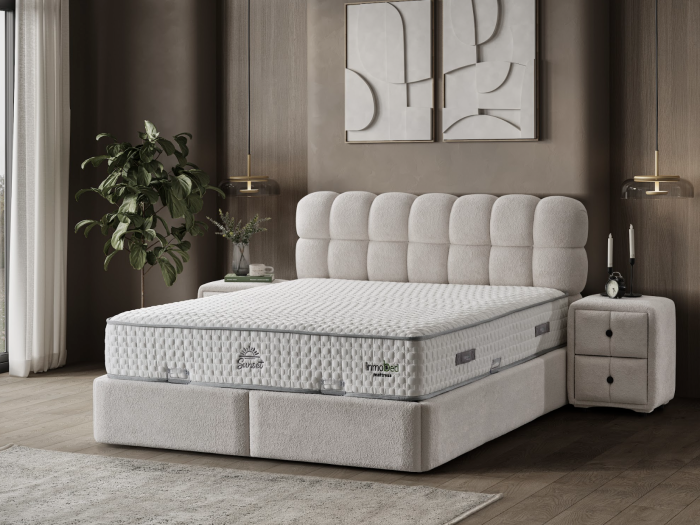 Pat tapitat Sunset, cadru metalic cu somiera rabatabila si lada depozitare [3]