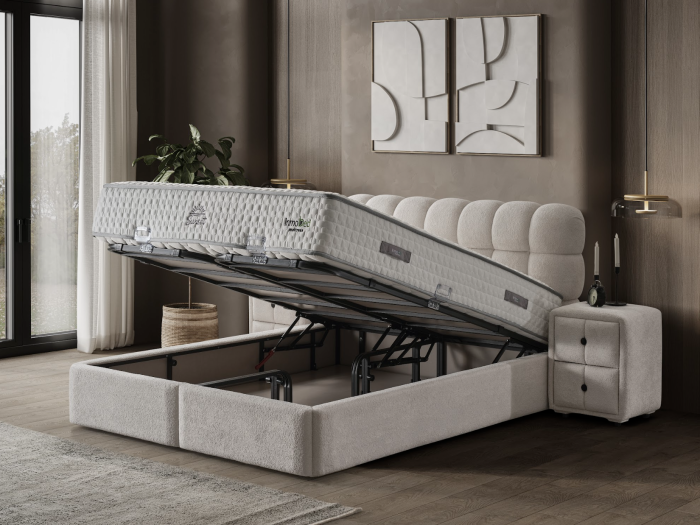 Pat tapitat Sunset, cadru metalic cu somiera rabatabila si lada depozitare [6]