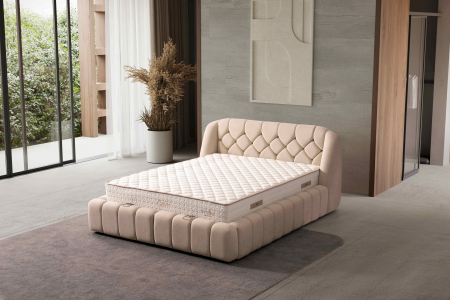 Pat tapitat Calm cadru metalic cu somiera rabatabila si lada depozitare [14]