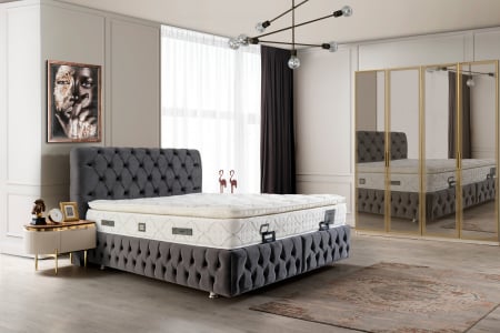 Paturi - Pat tapitat Chesterfield cadru metalic cu somiera rabatabila si lada depozitare
