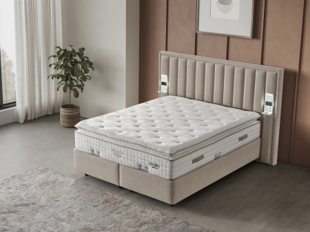 Paturi - Pat tapitat Touch, cadru metalic cu somiera rabatabila si lada depozitare