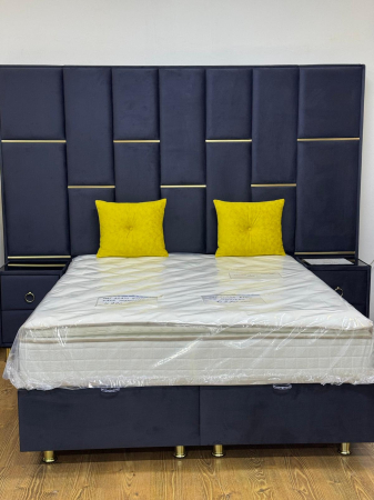 Paturi - Pat tapitat Klass King, cadru metalic cu somiera rabatabila si lada depozitare