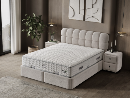 Paturi - Pat tapitat Sunset, cadru metalic cu somiera rabatabila si lada depozitare