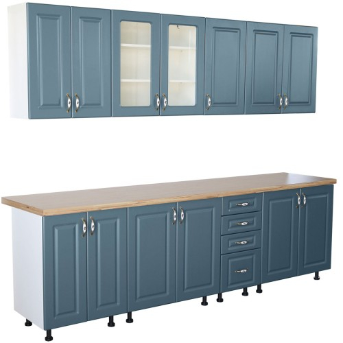 Bucatarie Zebra 260 cm din MDF Albastru cu blat termoizolant artar [1]